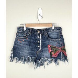 Women's We the Free Blue Fields of Sun‎ Butterfly Printed Cutoff Denim Shorts 28